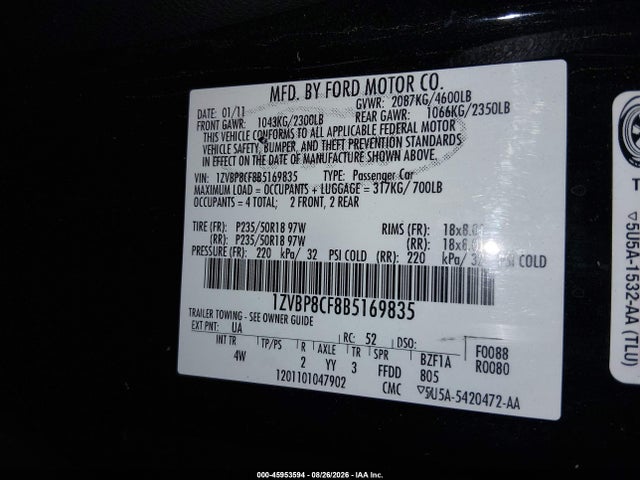 Продажа на аукционе авто 2011 Ford Mustang Gt Premium, vin: 1ZVBP8CF8B5169835, номер лота: 45953594