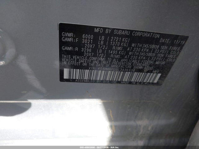 Subaru Ascent Limited 2020 4S4WMAPD9L3436938 Image 9