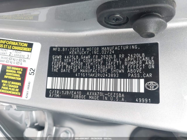 45953607 :رقم المزاد ، 4T1G11AK2RU243893 vin ، 2024 Toyota Camry Se مزاد بيع
