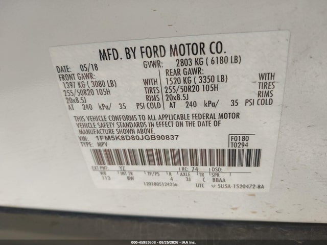 45953608 :رقم المزاد ، 1FM5K8D80JGB90837 vin ، 2018 Ford Explorer Xlt مزاد بيع