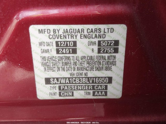 2011 Jaguar Xj მანქანა იყიდება აუქციონზე, vin: SAJWA1CB3BLV16950, აუქციონის ნომერი: 45953625