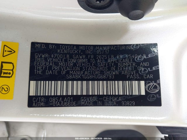 45953634 :رقم المزاد ، 58ABK1GG8HU068793 vin ، 2017 Lexus Es 350 مزاد بيع