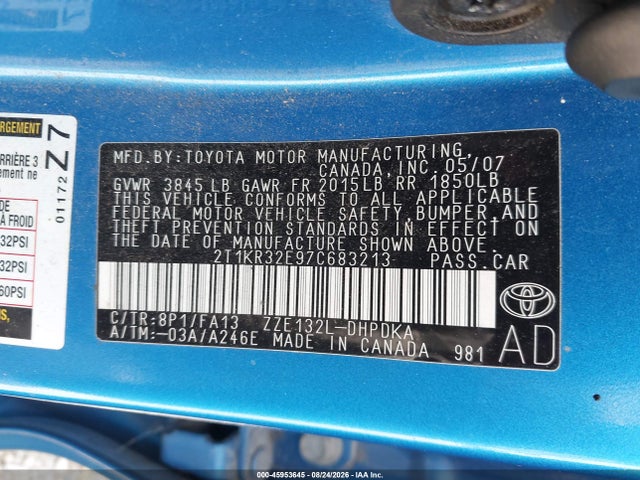 Aukcja sprzedaży 2007 Toyota Matrix, vin: 2T1KR32E97C683213, numer aukcji: 45953645