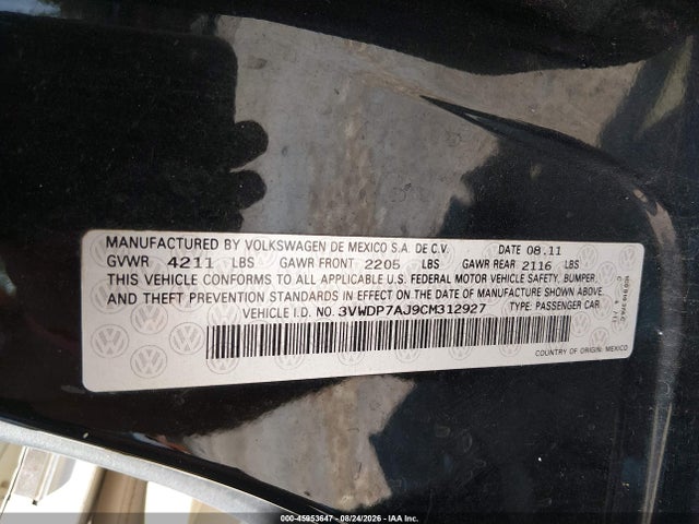 2012 Volkswagen Jetta 2.5l Se მანქანა იყიდება აუქციონზე, vin: 3VWDP7AJ9CM312927, აუქციონის ნომერი: 45953647