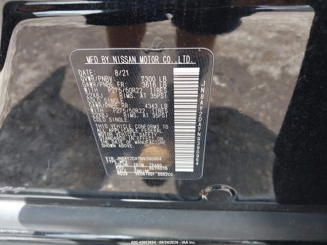 2022 Nissan Armada Platinum 2wd მანქანა იყიდება აუქციონზე, vin: JN8AY2DA7N9390954, აუქციონის ნომერი: 45953654