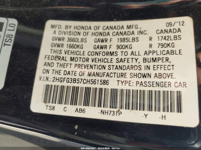 Продаж на аукціоні авто 2012 Honda Civic Lx, vin: 2HGFG3B57CH561586, номер лоту: 45953657