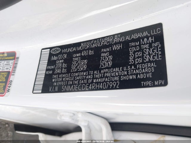 2024 Hyundai Tucson Limited მანქანა იყიდება აუქციონზე, vin: 5NMJECDE4RH407992, აუქციონის ნომერი: 45953663