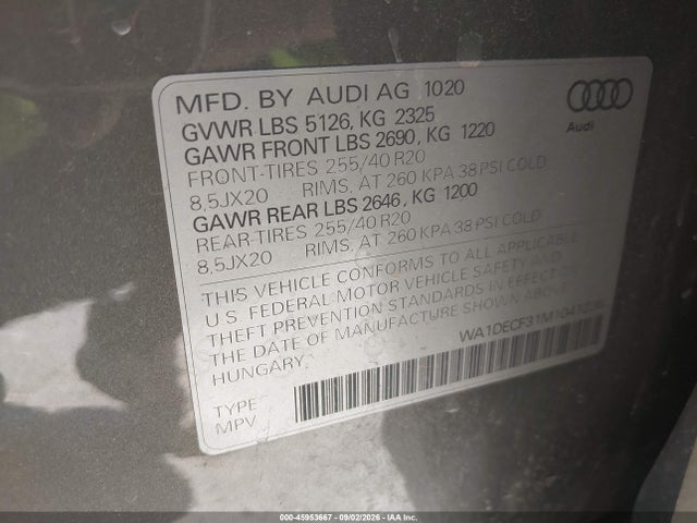 Продаж на аукціоні авто 2021 Audi Q3 Premium 45 Tfsi S Line Quattro Tiptronic, vin: WA1DECF31M1041236, номер лоту: 45953667