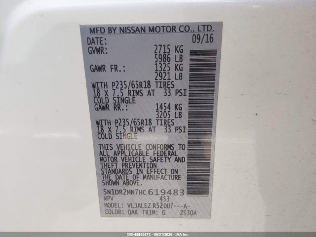 Nissan Pathfinder Sv 2017 5N1DR2MN7HC619483 Image 9