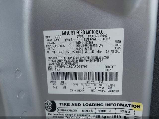 2010 Ford F-150 Fx2 Sport/xl/xlt მანქანა იყიდება აუქციონზე, vin: 1FTEW1C82AFD78797, აუქციონის ნომერი: 45953674