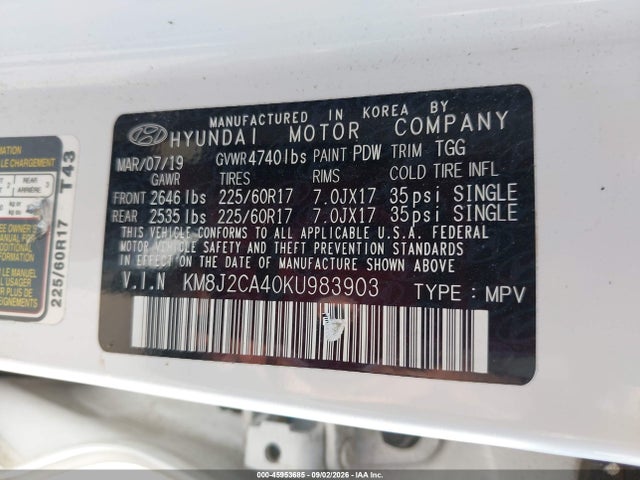 45953685 :رقم المزاد ، KM8J2CA40KU983903 vin ، 2019 Hyundai Tucson Se مزاد بيع