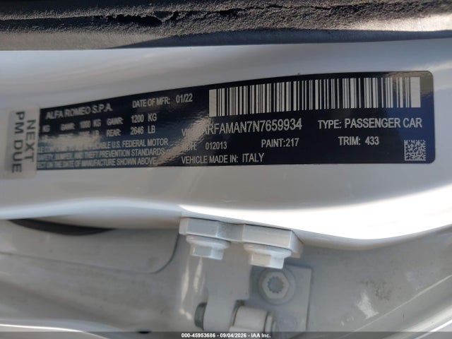 Продажа на аукционе авто 2022 Alfa Romeo Giulia Sprint Rwd, vin: ZARFAMAN7N7659934, номер лота: 45953686