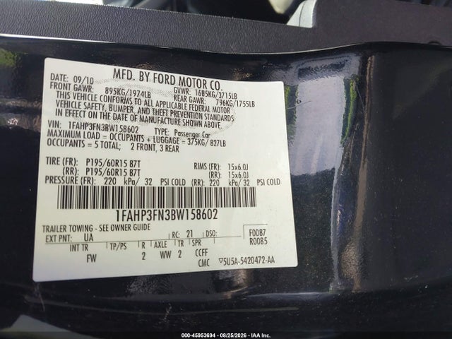2011 Ford Focus Se მანქანა იყიდება აუქციონზე, vin: 1FAHP3FN3BW158602, აუქციონის ნომერი: 45953694