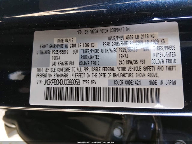 45953703 :رقم المزاد ، JM3KFBCM3J0388058 vin ، 2018 Mazda Cx-5 Touring مزاد بيع