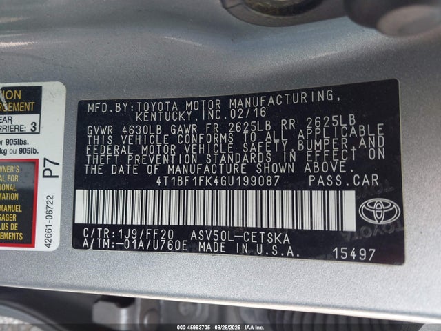 Aukcja sprzedaży 2016 Toyota Camry Se, vin: 4T1BF1FK4GU199087, numer aukcji: 45953705