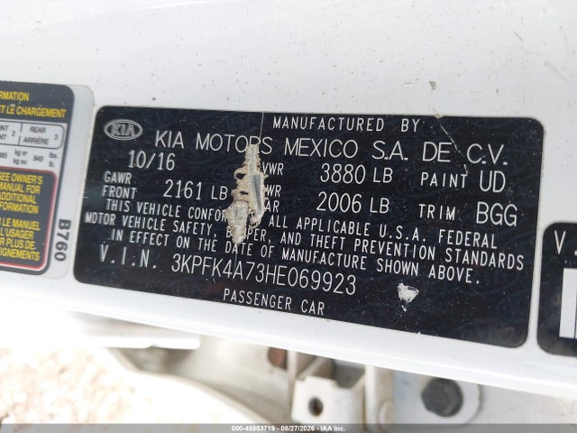 2017 Kia Forte Lx მანქანა იყიდება აუქციონზე, vin: 3KPFK4A73HE069923, აუქციონის ნომერი: 45953719