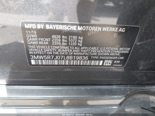 Aukcja sprzedaży 2020 Bmw 330i Xdrive, vin: 3MW5R7J07L8B19836, numer aukcji: 45953723