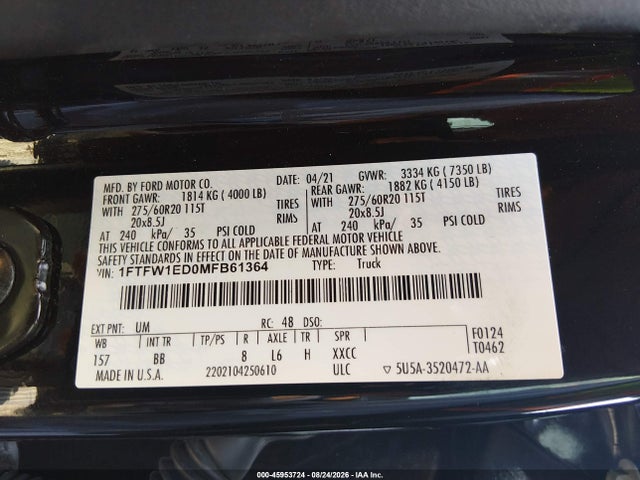 Продажа на аукционе авто 2021 Ford F-150 Platinum, vin: 1FTFW1ED0MFB61364, номер лота: 45953724