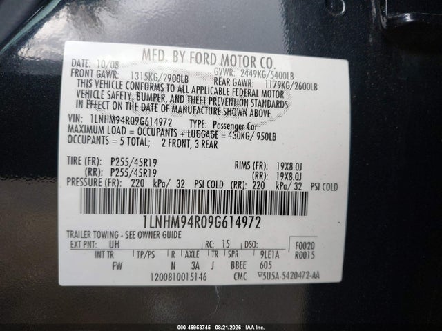 45953745 :رقم المزاد ، 1LNHM94R09G614972 vin ، 2009 Lincoln Mks مزاد بيع