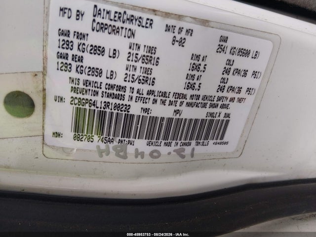 Aukcja sprzedaży 2003 Chrysler Town & Country Limited, vin: 2C8GP64L13R100232, numer aukcji: 45953753