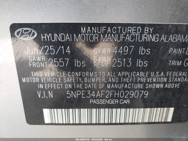 2015 Hyundai Sonata Limited მანქანა იყიდება აუქციონზე, vin: 5NPE34AF2FH029079, აუქციონის ნომერი: 45953755