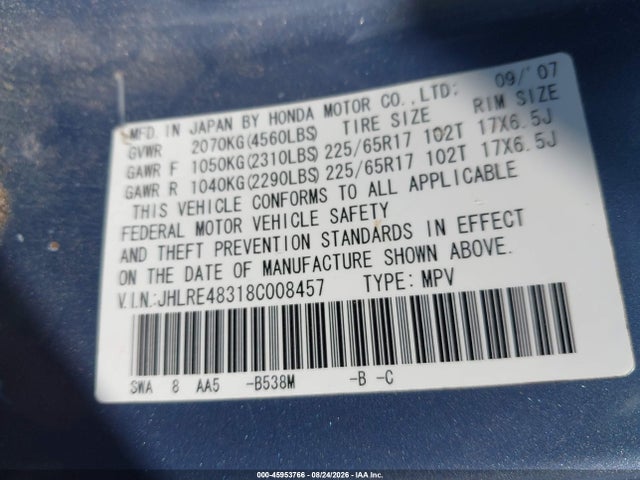 Aukcja sprzedaży 2008 Honda Cr-v Lx, vin: JHLRE48318C008457, numer aukcji: 45953766