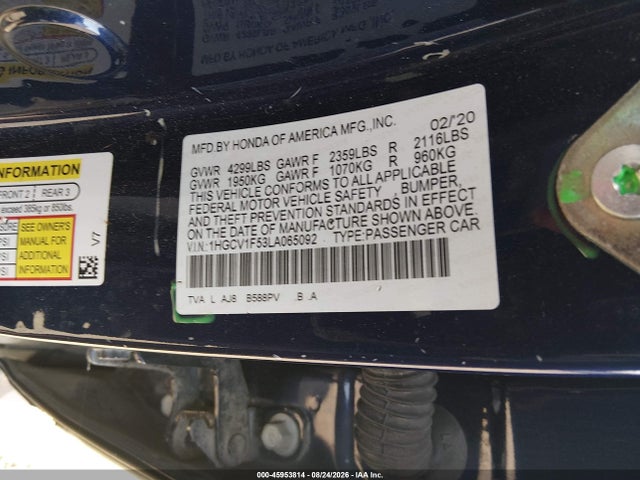 Продаж на аукціоні авто 2020 Honda Accord Ex-l, vin: 1HGCV1F53LA065092, номер лоту: 45953814