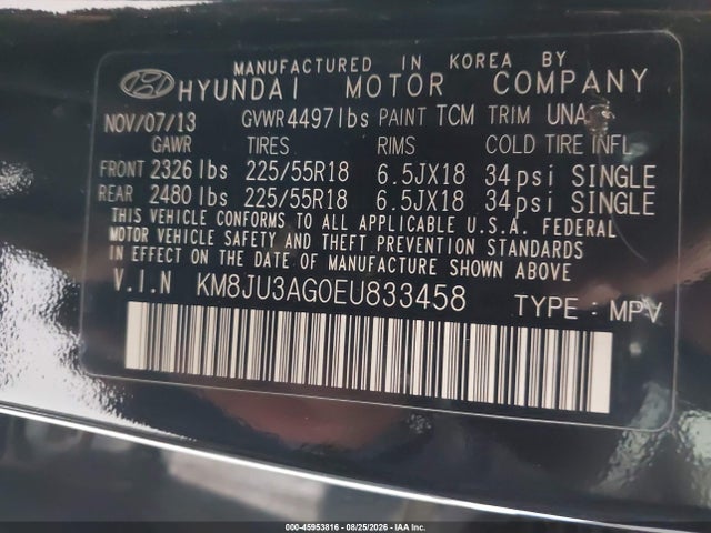 45953816 :رقم المزاد ، KM8JU3AG0EU833458 vin ، 2014 Hyundai Tucson Limited مزاد بيع