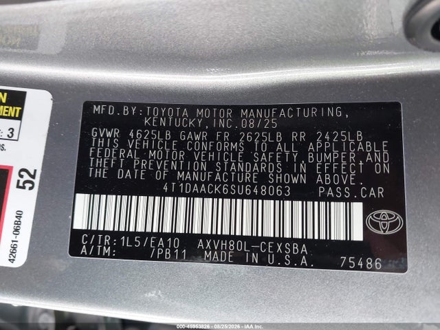 2025 Toyota Camry Se მანქანა იყიდება აუქციონზე, vin: 4T1DAACK6SU648063, აუქციონის ნომერი: 45953826