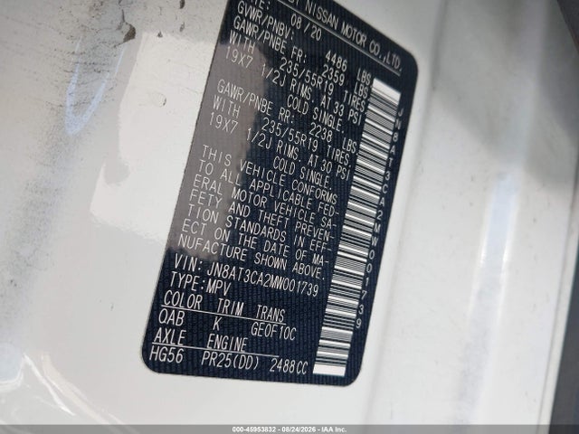 2021 Nissan Rogue Sl Fwd მანქანა იყიდება აუქციონზე, vin: JN8AT3CA2MW001739, აუქციონის ნომერი: 45953832