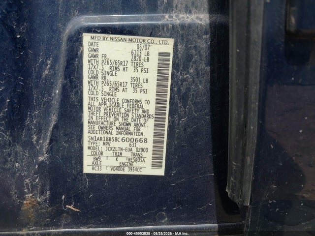 45953835 :رقم المزاد ، 5N1AR18B58C600668 vin ، 2008 Nissan Pathfinder Se مزاد بيع