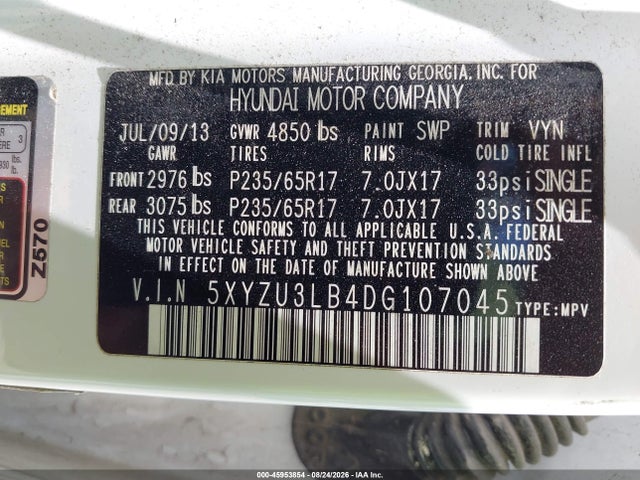 Aukcja sprzedaży 2013 Hyundai Santa Fe Sport, vin: 5XYZU3LB4DG107045, numer aukcji: 45953854
