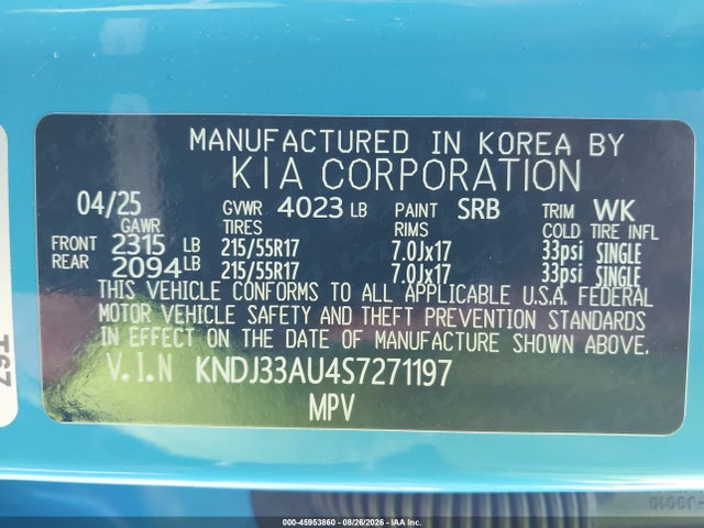 Aukcja sprzedaży 2025 Kia Soul Ex, vin: KNDJ33AU4S7271197, numer aukcji: 45953860