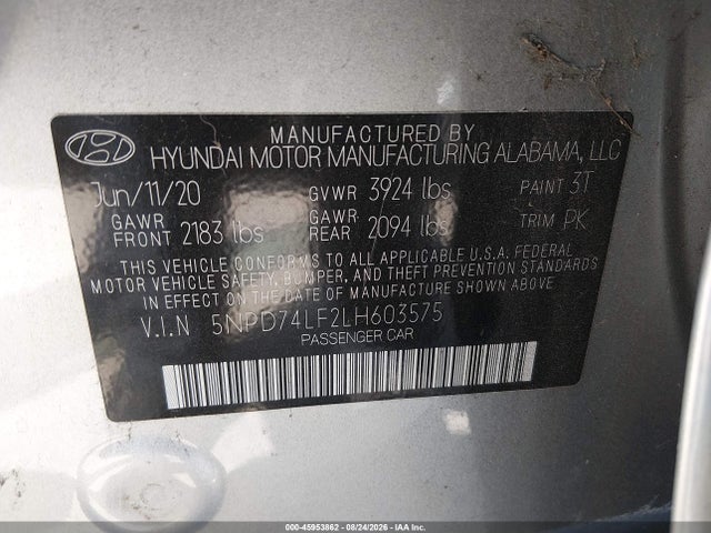 Продаж на аукціоні авто 2020 Hyundai Elantra Se, vin: 5NPD74LF2LH603575, номер лоту: 45953862