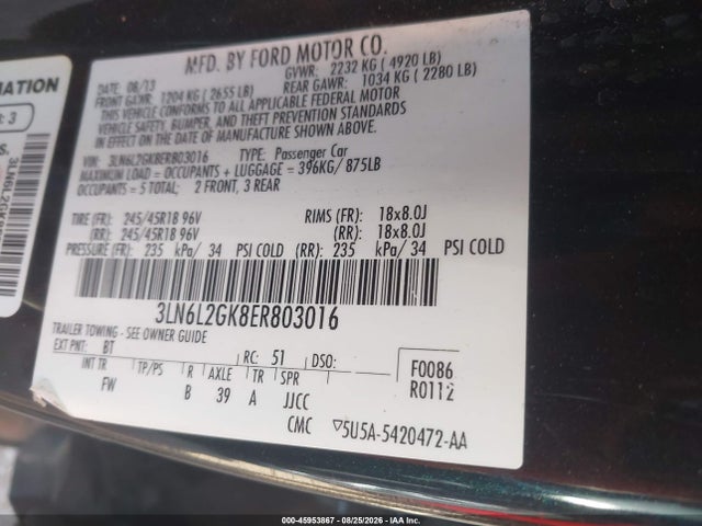 Aukcja sprzedaży 2014 Lincoln Mkz, vin: 3LN6L2GK8ER803016, numer aukcji: 45953867