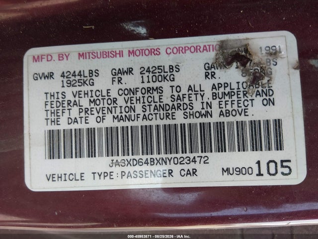 45953871 :رقم المزاد ، JA3XD64BXNY023472 vin ، 1992 Mitsubishi 3000 Gt Sl مزاد بيع