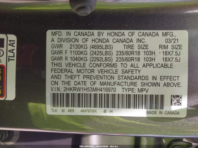 Продаж на аукціоні авто 2021 Honda Cr-v 2wd Ex, vin: 2HKRW1H53MH416970, номер лоту: 45953881