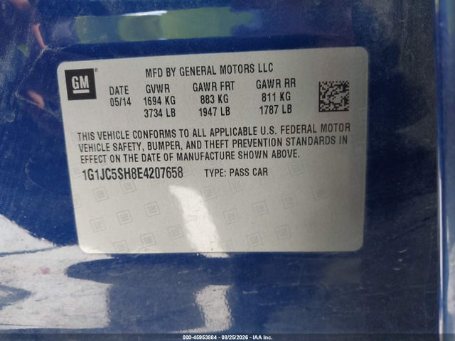 2014 Chevrolet Sonic Lt Auto მანქანა იყიდება აუქციონზე, vin: 1G1JC5SH8E4207658, აუქციონის ნომერი: 45953884