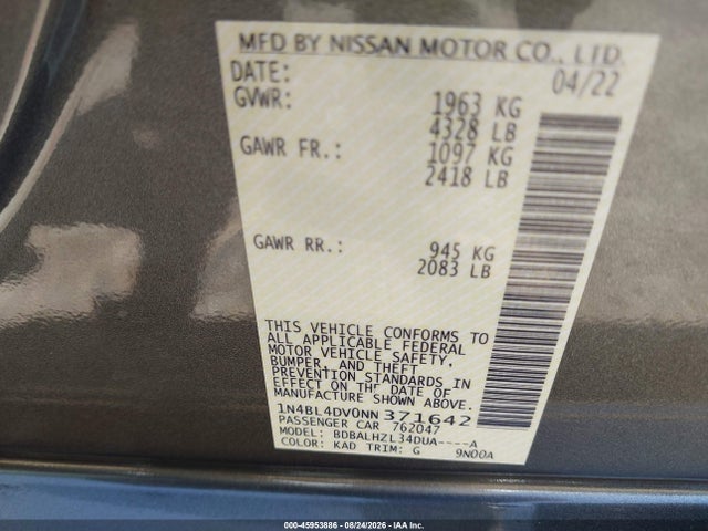 Продажа на аукционе авто 2022 Nissan Altima Sv Fwd, vin: 1N4BL4DV0NN371642, номер лота: 45953886