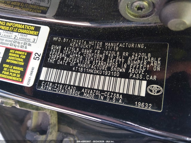 Aukcja sprzedaży 2019 Toyota Camry Se, vin: 4T1B11HK0KU193100, numer aukcji: 45953887