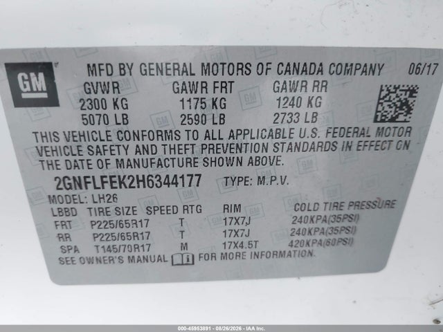 Aukcja sprzedaży 2017 Chevrolet Equinox Lt, vin: 2GNFLFEK2H6344177, numer aukcji: 45953891