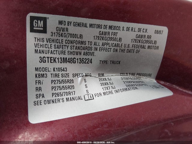 Продаж на аукціоні авто 2008 Gmc Sierra 1500 Sle1, vin: 3GTEK13M48G136224, номер лоту: 45953919