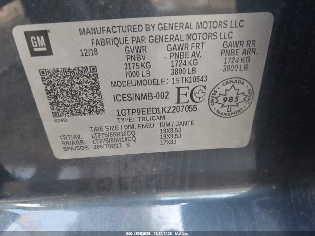 45953929 :رقم المزاد ، 1GTP9EED1KZ207055 vin ، 2019 Gmc Sierra 1500 At4 مزاد بيع