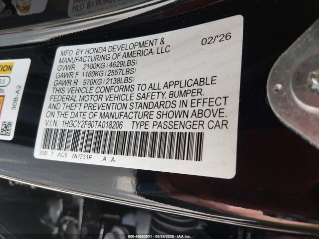 Aukcja sprzedaży 2026 Honda Accord Hybrid Touring, vin: 1HGCY2F80TA018206, numer aukcji: 45953931