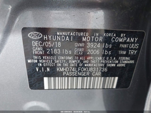 Aukcja sprzedaży 2019 Hyundai Elantra Se, vin: KMHD74LF0KU831736, numer aukcji: 45953934