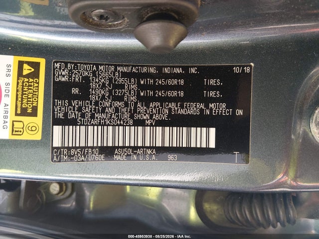 Aukcja sprzedaży 2019 Toyota Highlander Le, vin: 5TDZARFH1KS044238, numer aukcji: 45953938