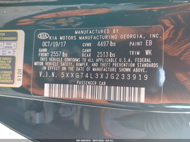 45953939 :رقم المزاد ، 5XXGT4L3XJG233919 vin ، 2018 Kia Optima Lx مزاد بيع