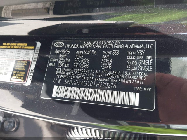 Aukcja sprzedaży 2026 Hyundai Santa Fe Sel, vin: 5NMP24GL0TH220226, numer aukcji: 45953956