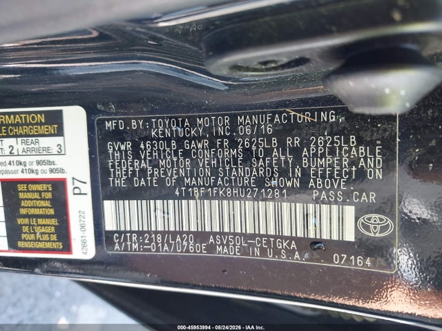 2017 Toyota Camry Xle მანქანა იყიდება აუქციონზე, vin: 4T1BF1FK8HU271281, აუქციონის ნომერი: 45953994