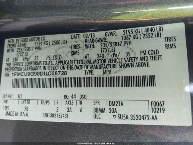 45953995 :رقم المزاد ، 1FMCU9G90DUC68728 vin ، 2013 Ford Escape Se مزاد بيع